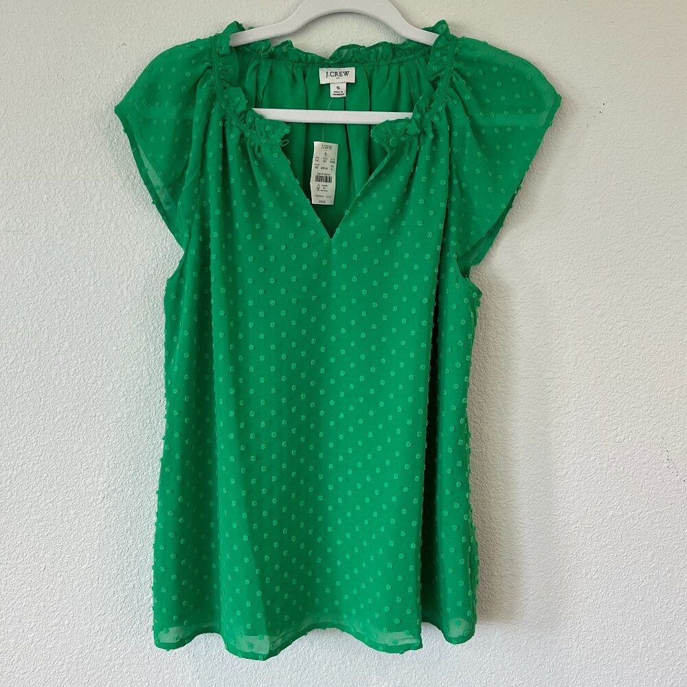 NWT J. Crew Factory Kelly Green Clip Dot blouse with Flutter Sleeves